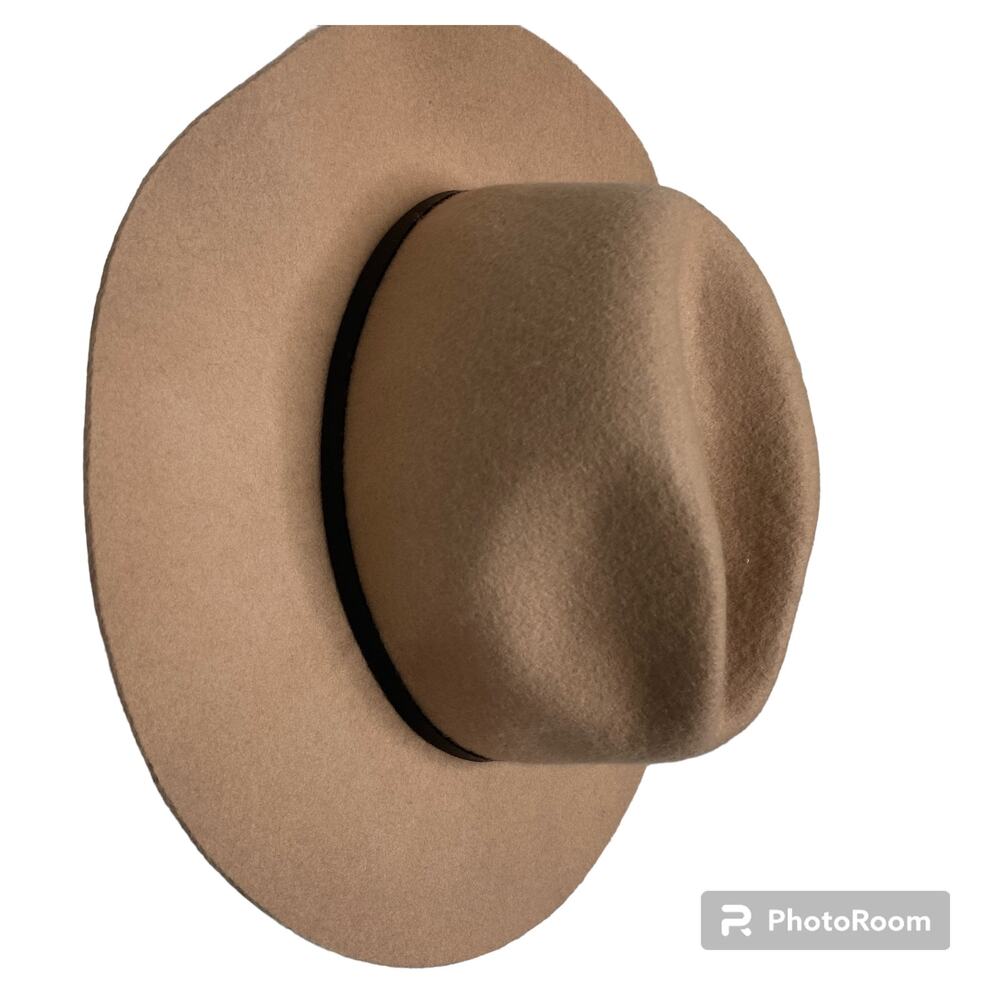 Wide Brim Brown Wool Hat with Faux Leather Detail OS